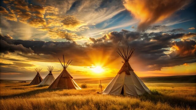 Timeless photography of tipis at sunset, showcasing tranquil prairie landscapes, warm hues, and enchanting natural beauty that evokes a sense of nostalgia and serene calm.