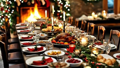 A festive feast celebrating togetherness with a lavish holiday dinner spread around a cozy fireplace and decorated table setting