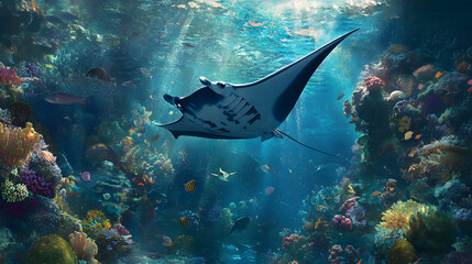 A majestic manta ray gliding over a coral gard