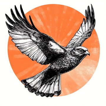 recommend clip art: A black and white illustration of a hawk flying against an orange sunburst.