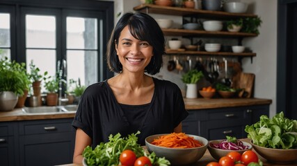 A woman in the kitchen has prepared vegetable food and is smiling. A woman glows with health and success and mental energy.