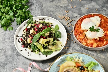 Healthy dishes with lentil salad and poached eggs.