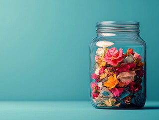 A glass jar filled with colorful dried flowers sits against a teal background, creating an aesthetically pleasing and vibrant display.
