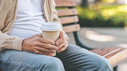 Middle-aged man with slight tremor holding cup of coffee on park bench, symbolizing struggle with Parkinson's disease, calm natural setting.