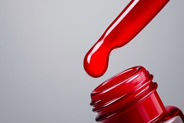 Bottle of red nail polish with a drop of the same color on top. The bottle is made of clear plastic and has a red cap. The drop of nail polish is small and has a shiny, wet appearance