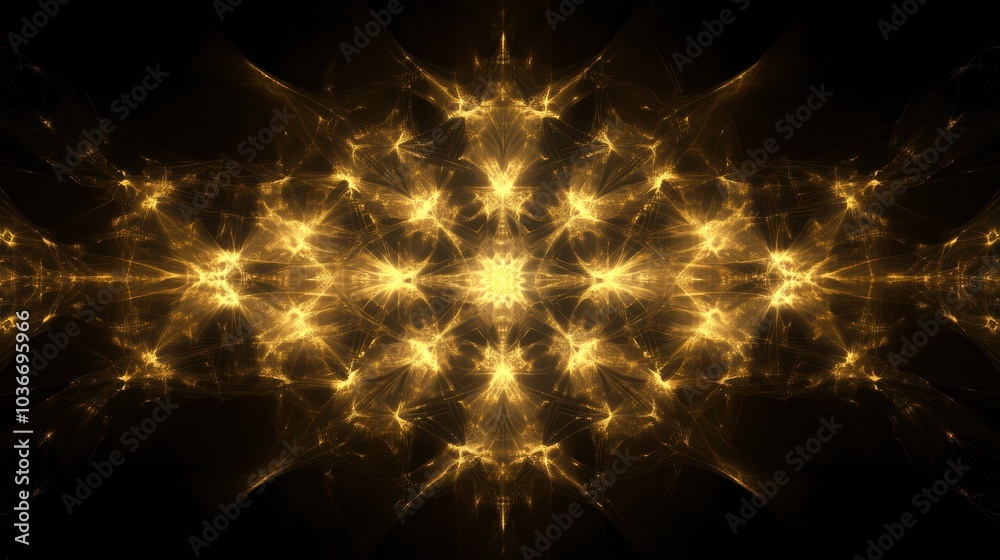 Aufkleber Symmetrical geometric shapes resembling shimmering snowflakes emit a golden glow, contrasting beautifully with the dark backdrop. Generative AI