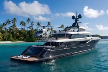 Obraz premium A luxurious super yacht anchored near a private island, surrounded by turquoise waters and towering palm trees, with a helicopter perched on its deck 