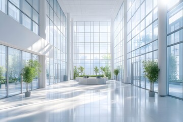 Modern Office Lobby with Glass Walls and Natural Light