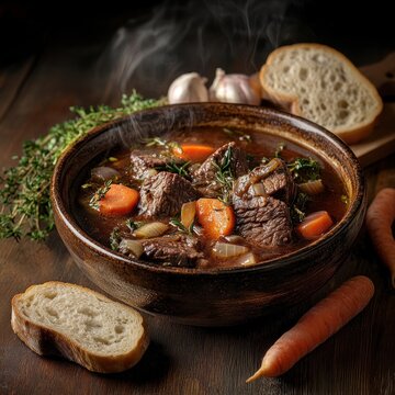 Food photography of boeuf en daube, a bowl filled with steaming beef and vegetables in a red wine sauce on an old wooden table