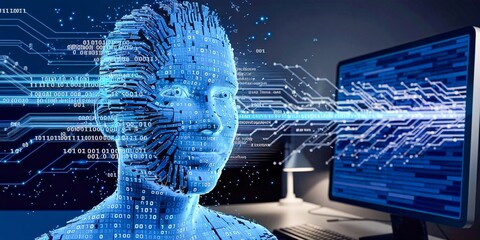 Futuristic Digital Human Head with Circuit Board Interface. Abstract digital intelligence concept with futuristic AI brain network, data streams, and technological elements.
