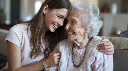 A joyful moment between a young woman and an elderly woman at home.