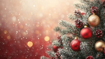 Christmas tree branch with red and gold ornaments against a festive bokeh backdrop