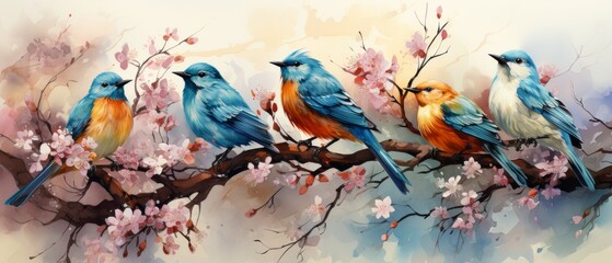 Fototapeta premium Colorful Birds on Branch with Blossoms in Watercolor Style