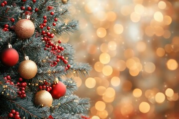 Obraz premium Festive Christmas tree branch adorned with red and gold ornaments against a warm bokeh backdrop