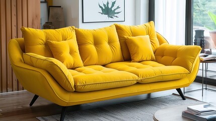 Yellow velvet sofa with tufted upholstery and black legs in a modern living room.