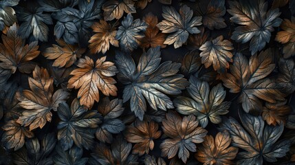 Obraz premium A close-up shot of an arrangement of metallic leaves in a dark and moody setting.