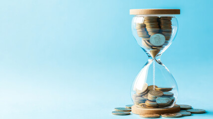 An hourglass filled with coins against a light blue background symbolizes the value of time and money in financial planning