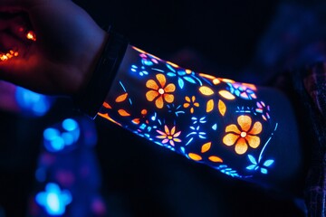 Person is showing their uv reactive floral tattoo while holding a drink in a nightclub