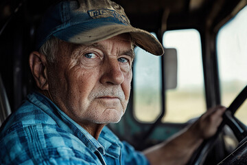 Portrait of senior farmer man in plaid shirt and baseball cap driving his small truck
