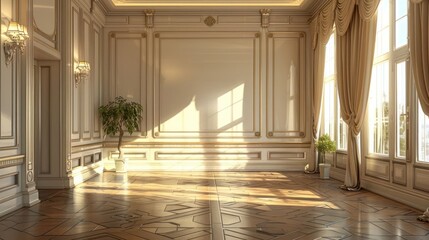 Fototapeta premium Elegant empty room with large windows and ornate moldings, showcasing a luxurious and spacious interior design.