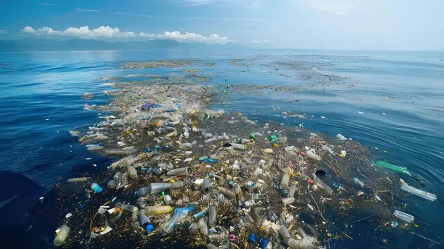 An aerial view of Plastic Island, also known as the Great Pacific Garbage Patch or Pacific Trash Vortex, which is composed mainly of plastic, light metals, and garbage organic residues in the ocean.