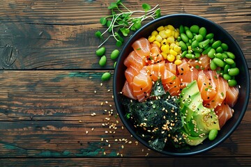 A bowl of fresh poke with salmon, avocado, corn, and edamame. Generative Ai