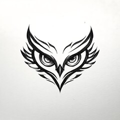 Obraz premium A black and white illustration of an owl's face with large eyes and stylized feathers.