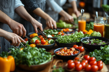Obraz premium Group of people preparing nutritionally balanced meals based on vegetable during a meal planning workshop.