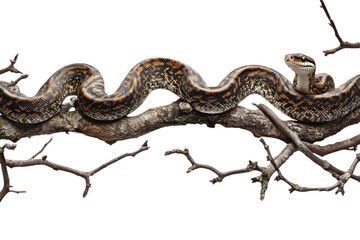 Fototapeta premium Captivating Image of a Python Coiled on Branches Isolated on a transparent Background, Perfect for Wildlife and Nature Themes