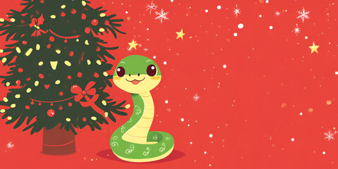 Obraz premium Christmas card green snake on a red background at the Christmas tree