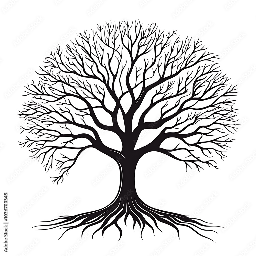 Poster a black and white silhouette of a bare tree with visible roots against a white background.
