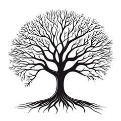 A black and white silhouette of a bare tree with visible roots against a white background.