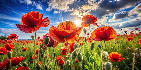 Fototapeta premium Close-up of Vibrant Red Poppies in Sunny Field, Beautiful Papaver Flowers on Green Lawn, Summer Day Blooming Flowers, Flower of Remembrance for Memorial Day, Summer Floral Background