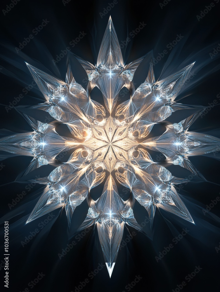 Aufkleber Intricate geometric shapes that resemble snowflakes are beautifully arranged against a dark backdrop, creating a stunning visual display. Generative AI