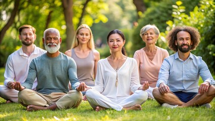Group of diverse people doing yoga exercises together in park in summer. Group of people practicing yoga in park