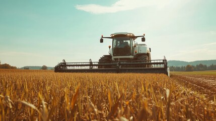 Fototapeta premium A high-tech AI-driven autonomous agricultural harvester, clean farm setting with advanced harvesting technology and precision crop management tools, Agricultural style