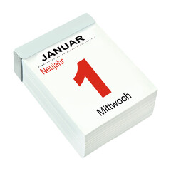 Deutscher Kalender Datum 1. Januar 2025 Neujahr  Mittwoch  Hintergrund transparent PNG cut out