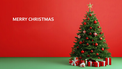 Red Christmas tree illustration with star and ball ornaments for holiday card