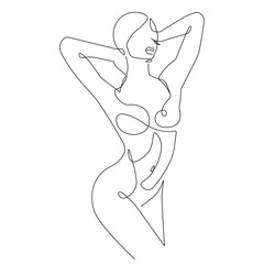 Woman Naked Body Continuous One Line Drawing. Abstract Minimal Female Figure. Linear Elegant Woman Silhouette Line Art Illustration. Modern Trendy Contour Drawing. Vector EPS 10