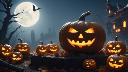 A group of lit jack-o-lanterns in a field with a haunted house in the background and a full moon.