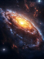 A stunning view of a spiral galaxy, showcasing bright golden centers surrounded by vibrant blues and purples, illuminated by distant stars and cosmic dust.