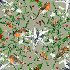 Watercolor Christmas seamless pattern of robin, toys and spruce branches. Hand painted bird and plants isolated on white background. Illustration for design, print, background.