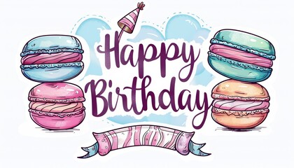 Hand-Drawn Birthday Macarons with Party Hat and Banner