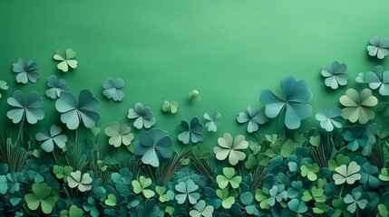 Playful St Patrick's Day flat lay scene with layered paper art fourleaf clovers and other festive decorations against a rich green background offering ample room for text