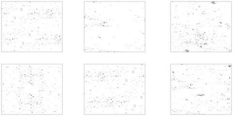 Grunge overlay textures with dust grain isolated on white background. Set of vector paint brush stroke, ink splash and grungy decoration elements for social