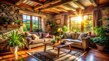 Obraz premium Cozy Stone Cottage Interior Lounge Bathed in Sunshine with Rustic Decor and Warm Ambiance for Relaxation and Comfort