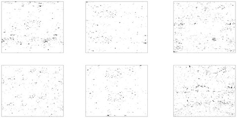 Grunge overlay textures with dust grain isolated on white background. Set of vector paint brush stroke, ink splash and grungy decoration elements for social