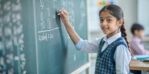 intelligent indian elementary school kid solving maths problem on chalkboard at classroom -concept of talented, brilliant student and education.
