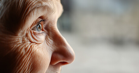 Close-up of an elderly woman's face, highlighting deep wrinkles and contemplative gaze, symbolizing wisdom and experience.