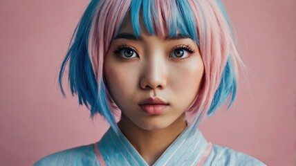 Fototapeta premium Japanese woman with light pink and blue hair